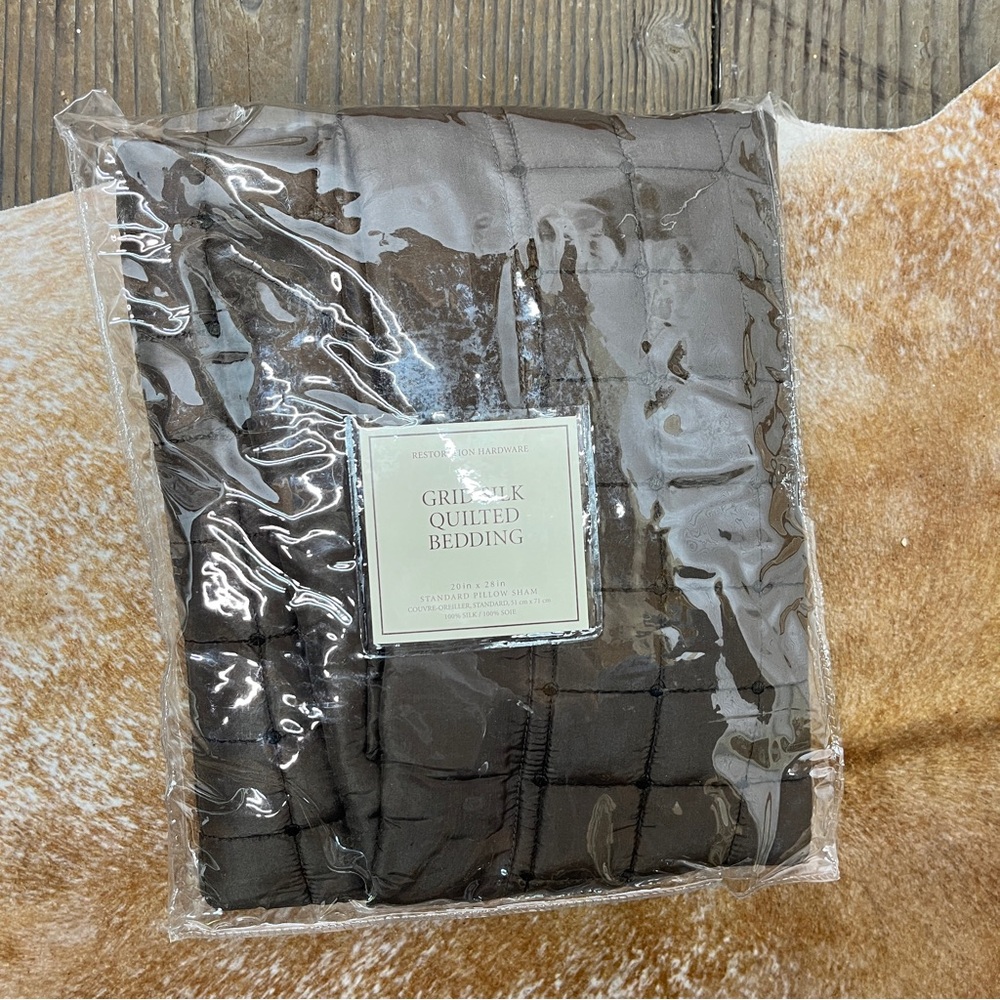 Restoration Hardware Brown Grid Silk Quilted Standard Sham NWT